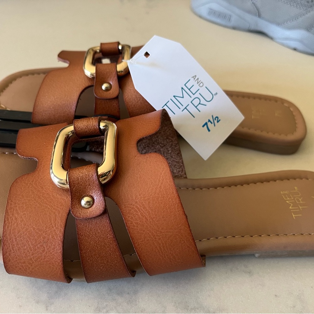 Time and Tru Tan Slide Sandals with Gold Buckle